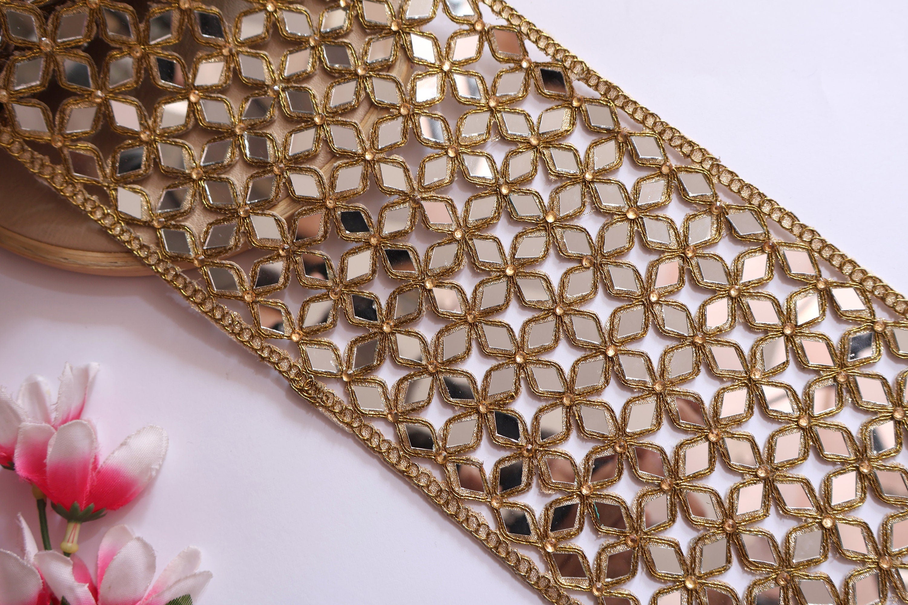 Mirrorwork Broad Lace Trim: Gold Cutwork Border, Indian Embellishment (14cm)