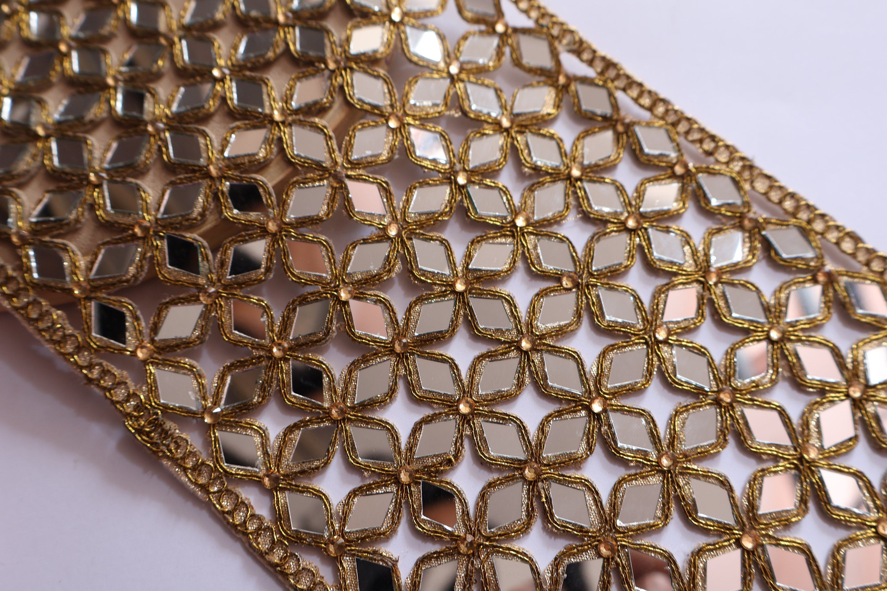 Mirrorwork Broad Lace Trim: Gold Cutwork Border, Indian Embellishment (14cm)