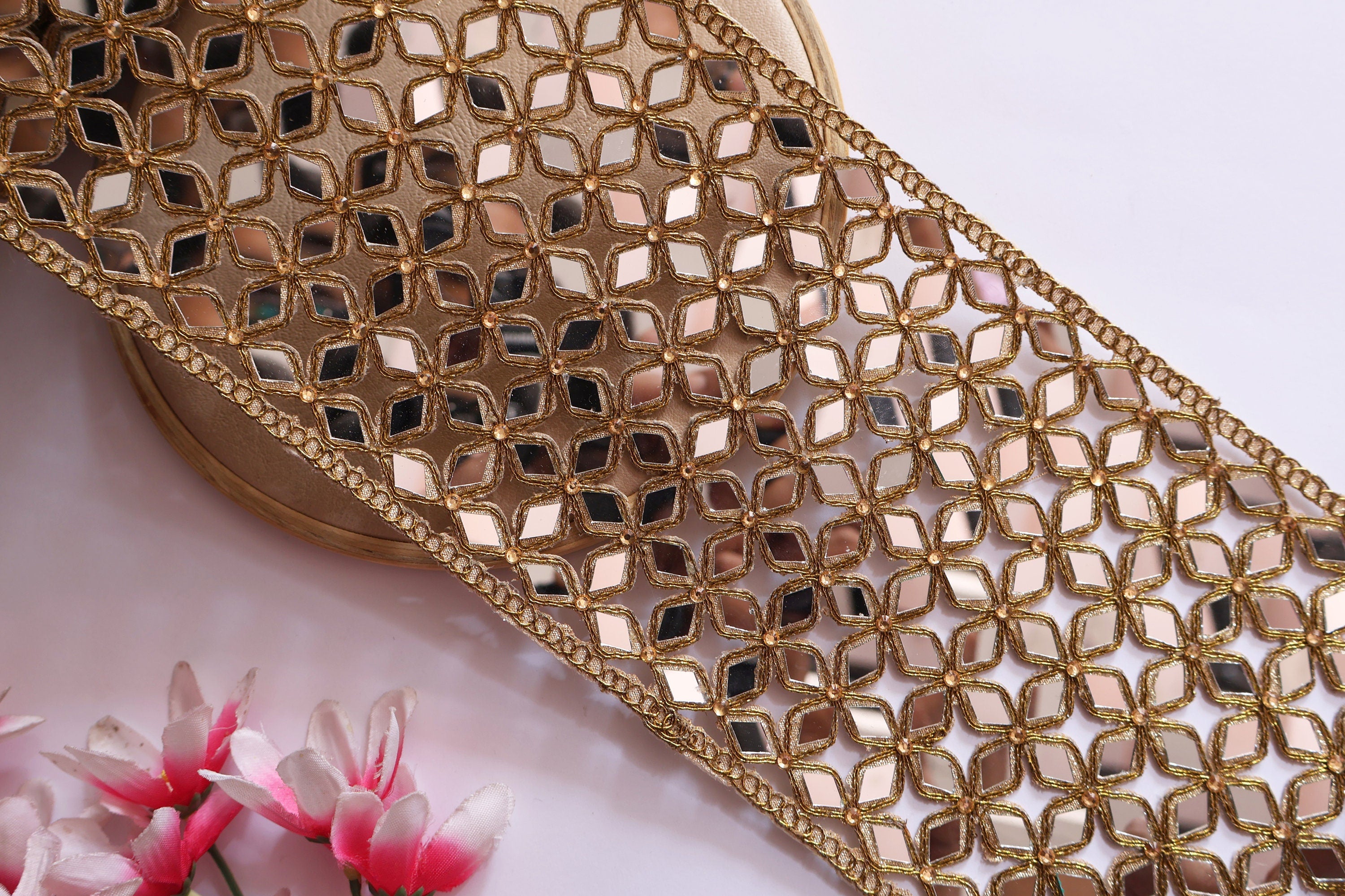 Mirrorwork Broad Lace Trim: Gold Cutwork Border, Indian Embellishment (14cm)