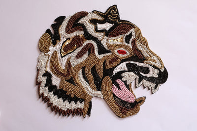 Tiger Applique Patch: Beaded Indian Embroidery, Sew-On Denim Art