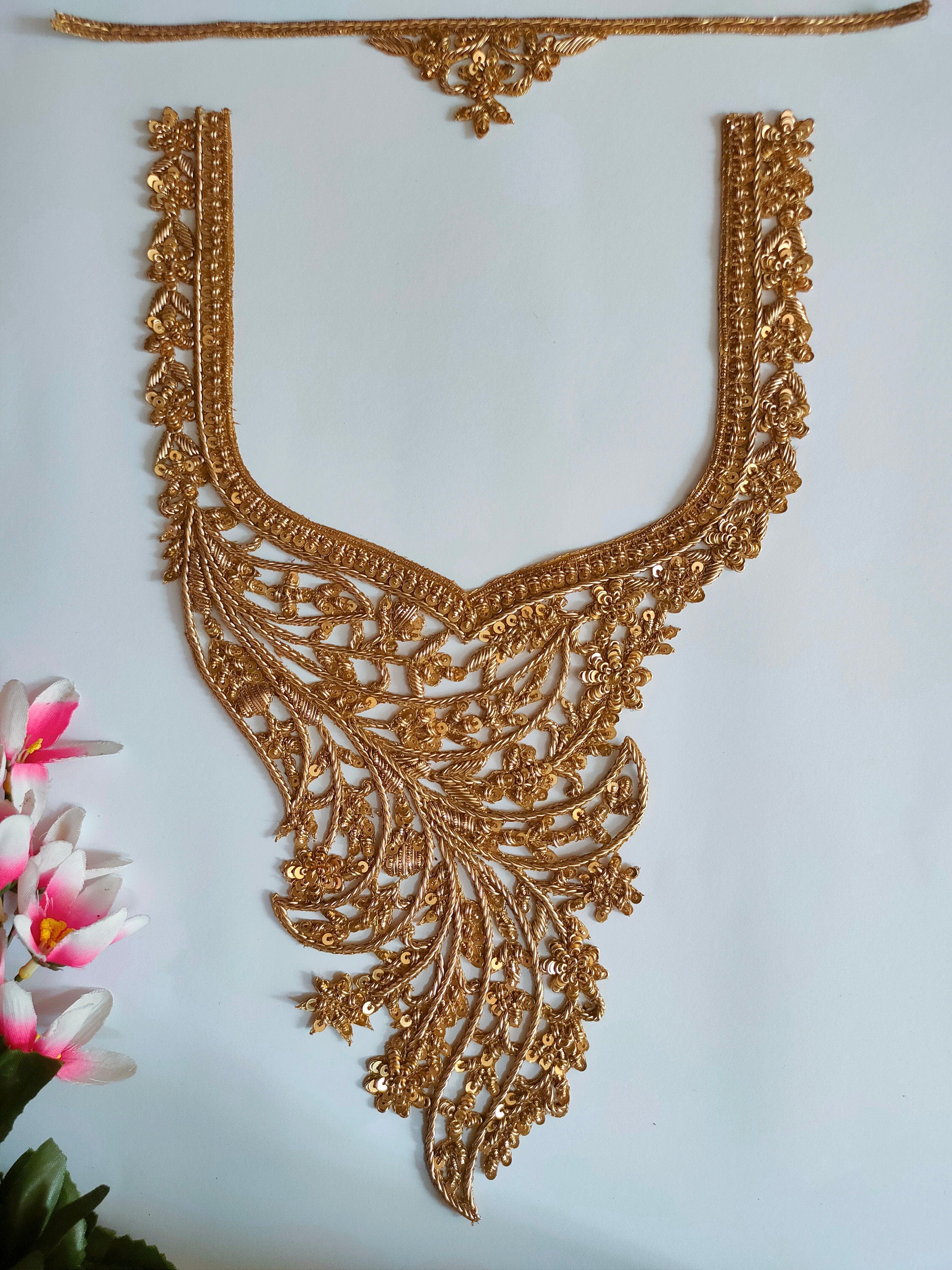 Golden Embroidered Neckline Applique: Indian Zardozi Patch with Sleeves
