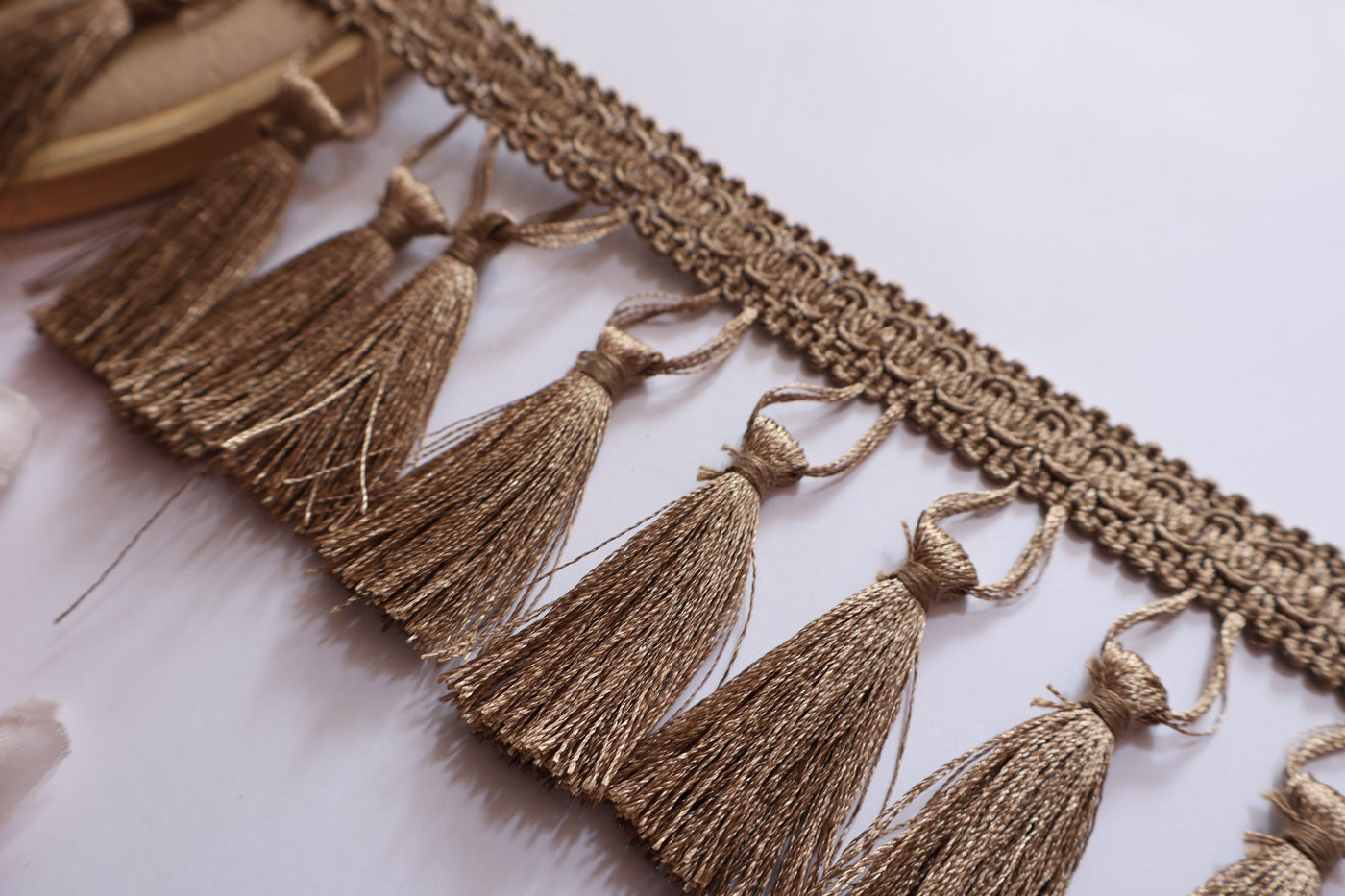 Taupe Tassel Trim: Boho Indian Embroidered Lace, 7cm