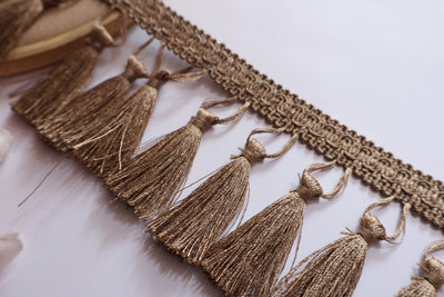 Taupe Tassel Trim: Boho Indian Embroidered Lace, 7cm