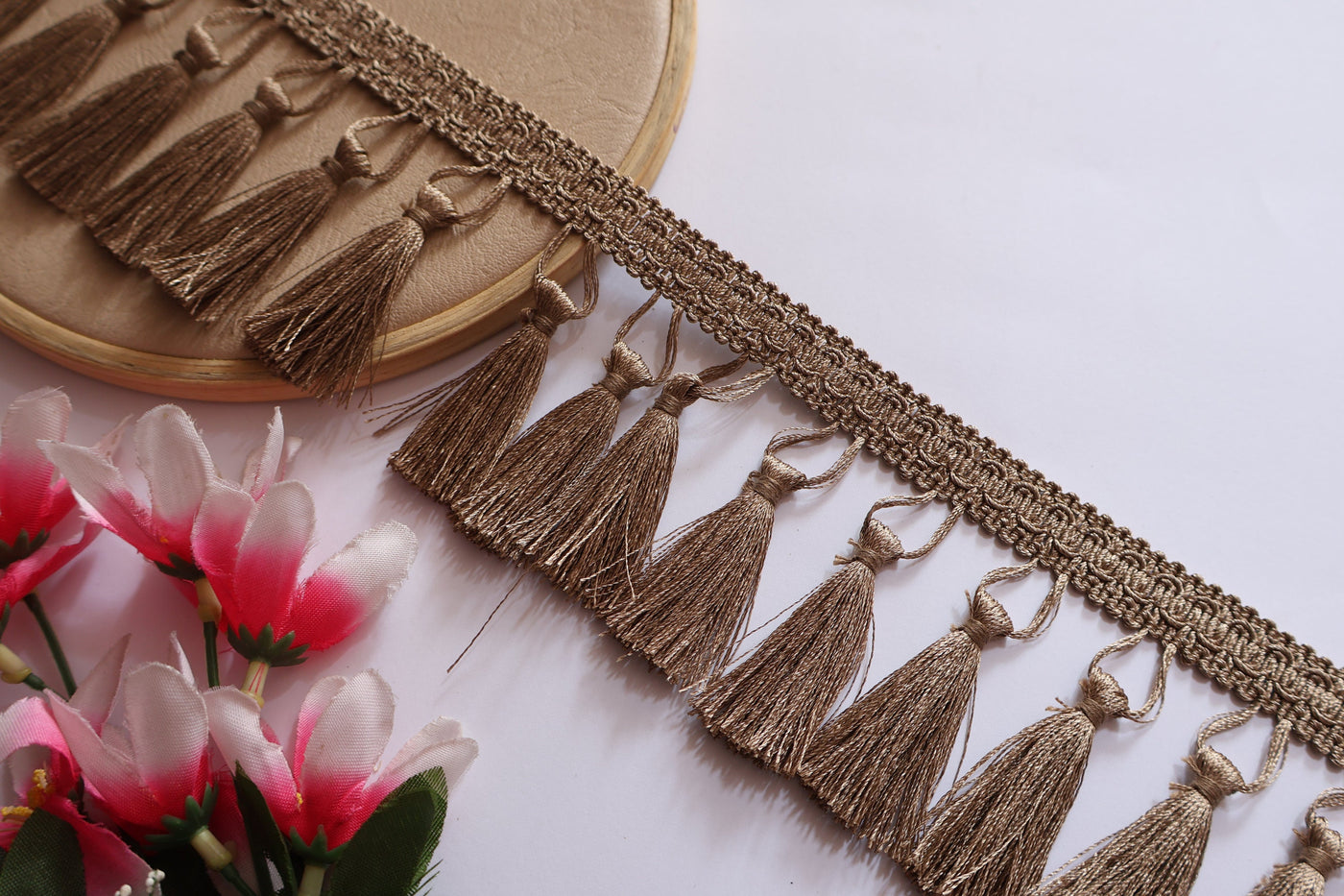 Taupe Tassel Trim: Boho Indian Embroidered Lace, 7cm