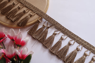 Taupe Tassel Trim: Boho Indian Embroidered Lace, 7cm