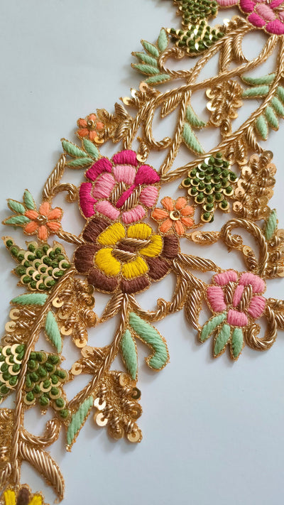 Floral Embroidered Long Golden Sew on Patch - 1 pc