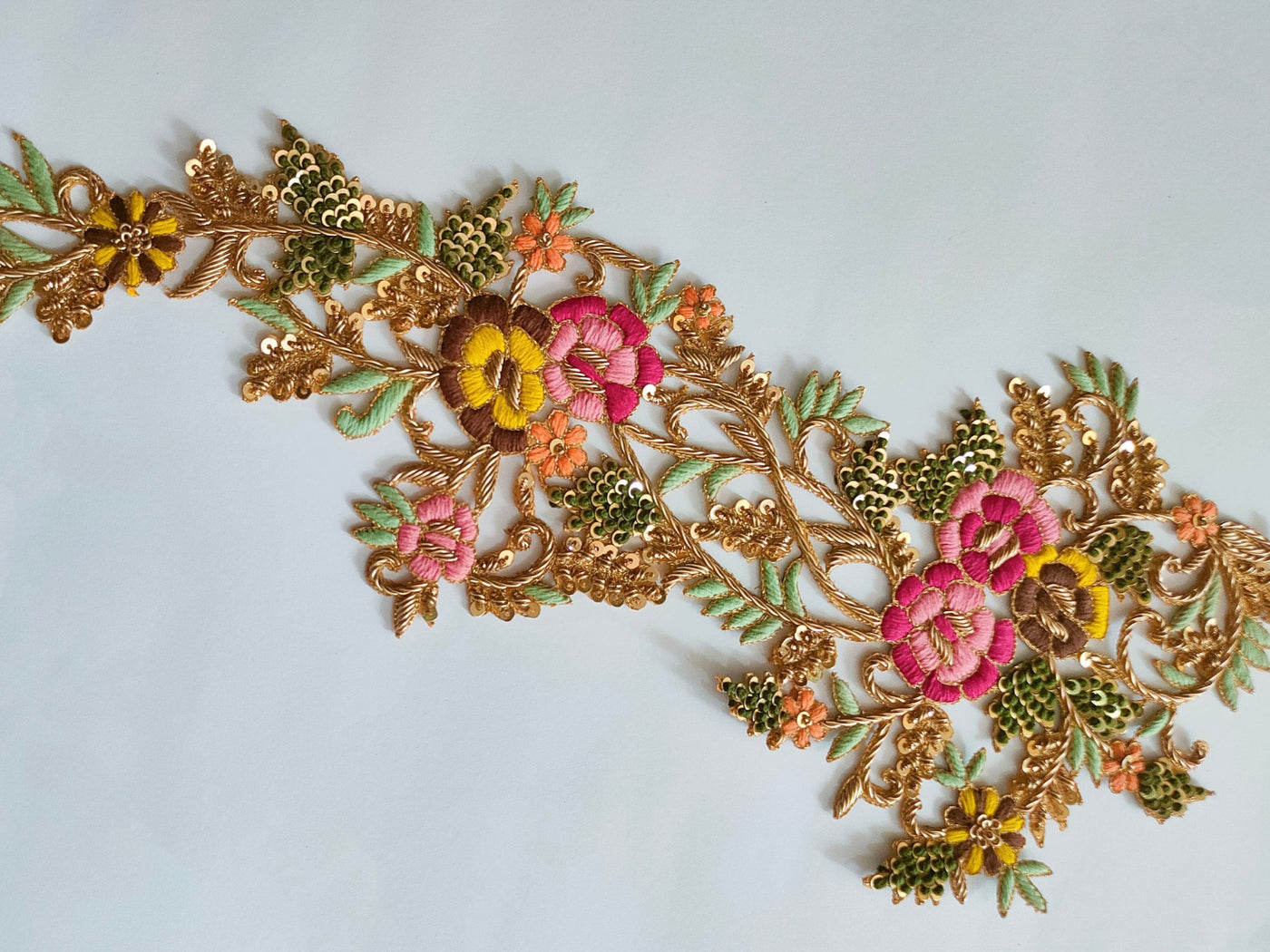 Floral Embroidered Long Golden Sew on Patch - 1 pc