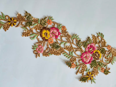 Floral Embroidered Long Golden Sew on Patch - 1 pc
