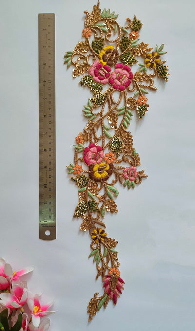 Floral Embroidered Long Golden Sew on Patch - 1 pc