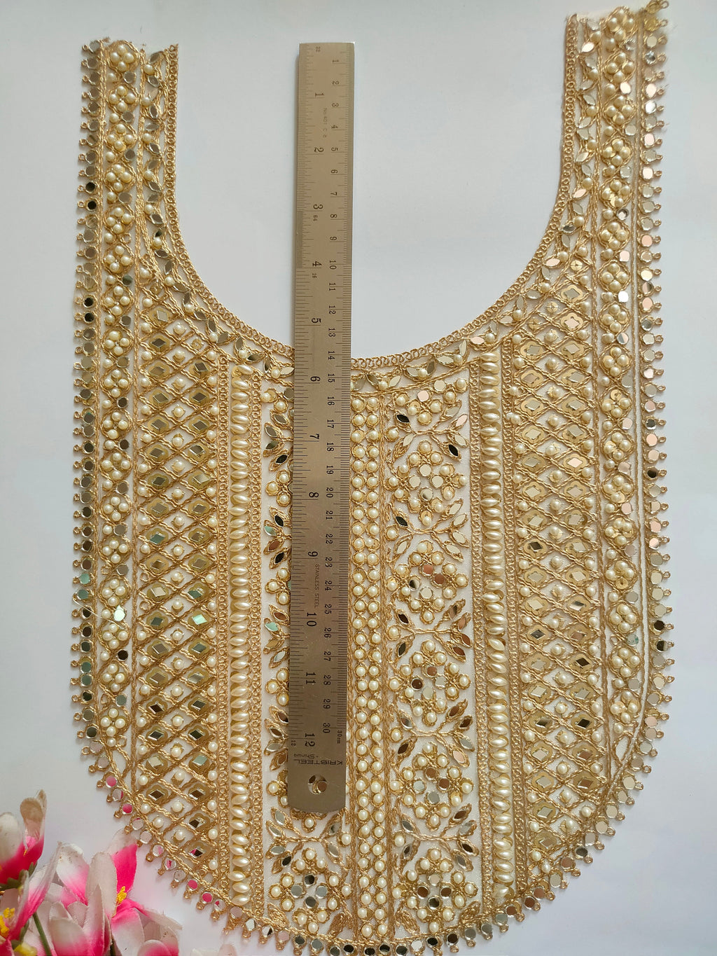 Pearl & Mirror Gold Applique: Indian Zari Embroidered Neckline Patch