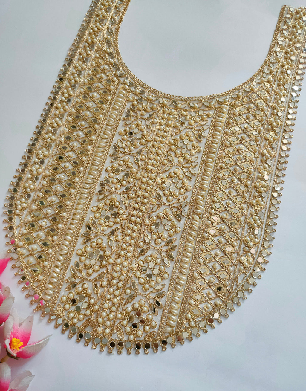 Pearl & Mirror Gold Applique: Indian Zari Embroidered Neckline Patch