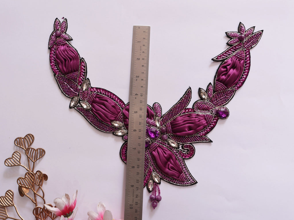 Handmade Navy Blue Beaded Applique: Crystal Embroidered Patch