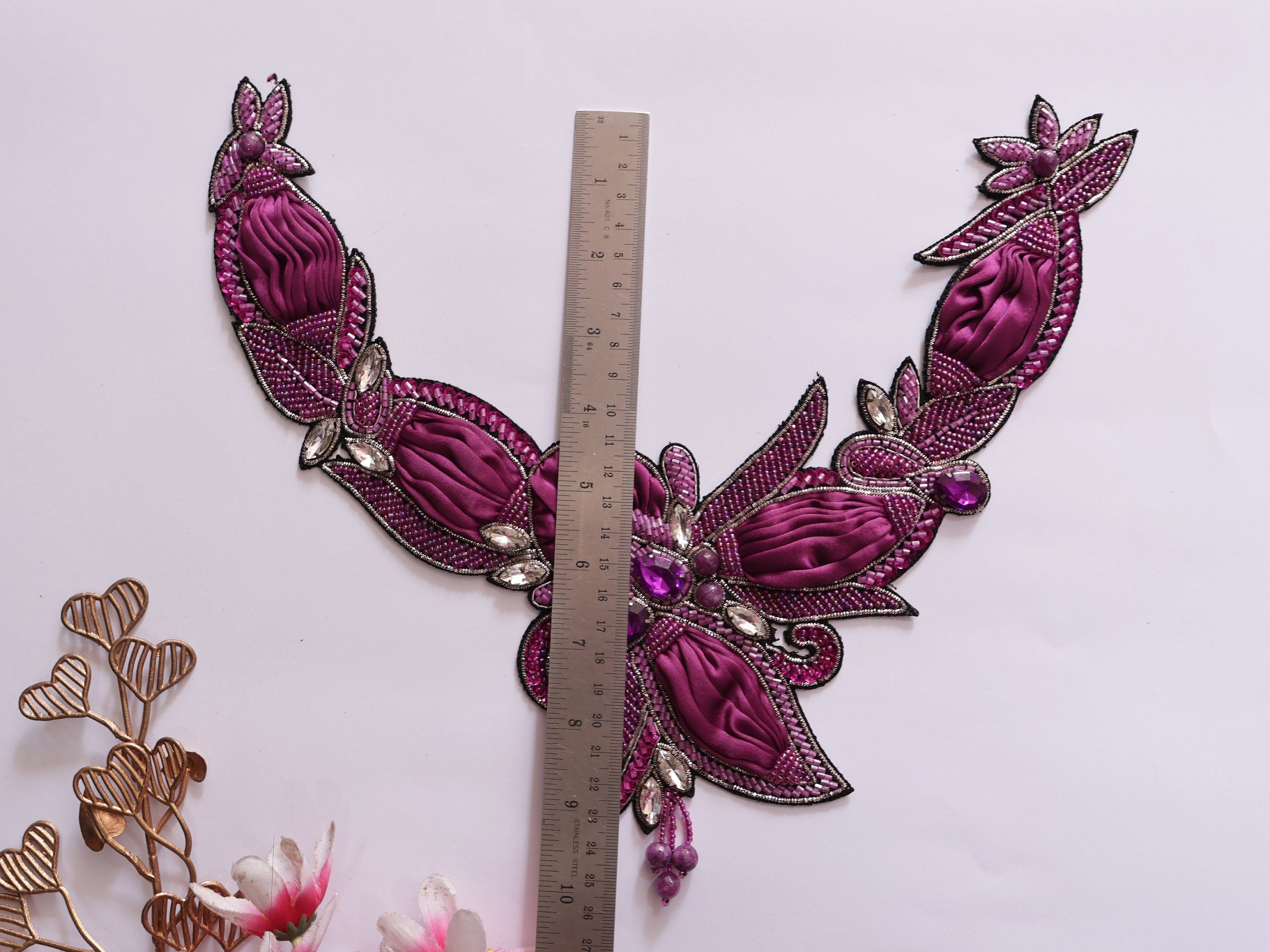 Handmade Navy Blue Beaded Applique: Crystal Embroidered Patch