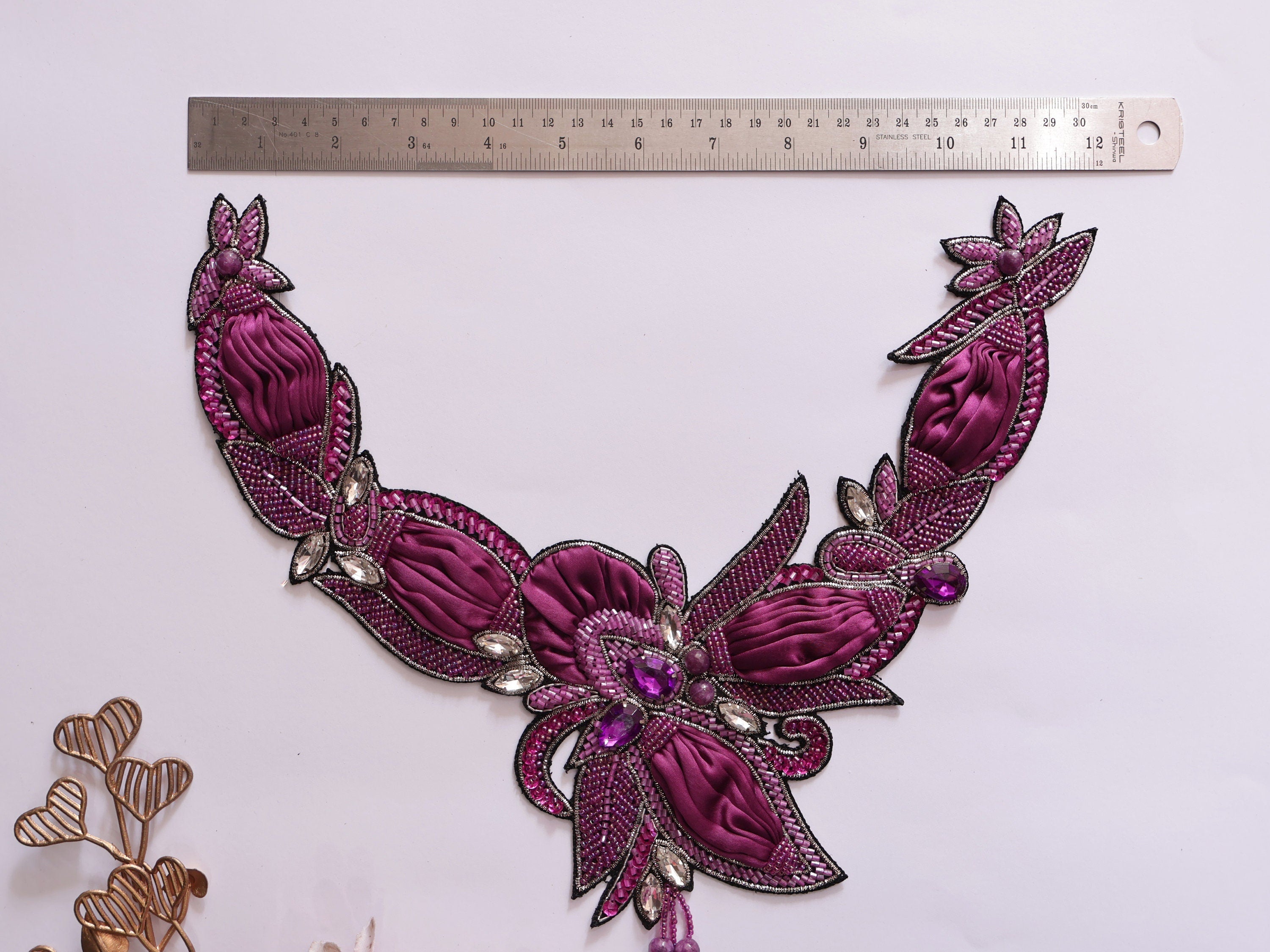 Handmade Wine Purple Beaded Applique: Crystal Embroidered Patch