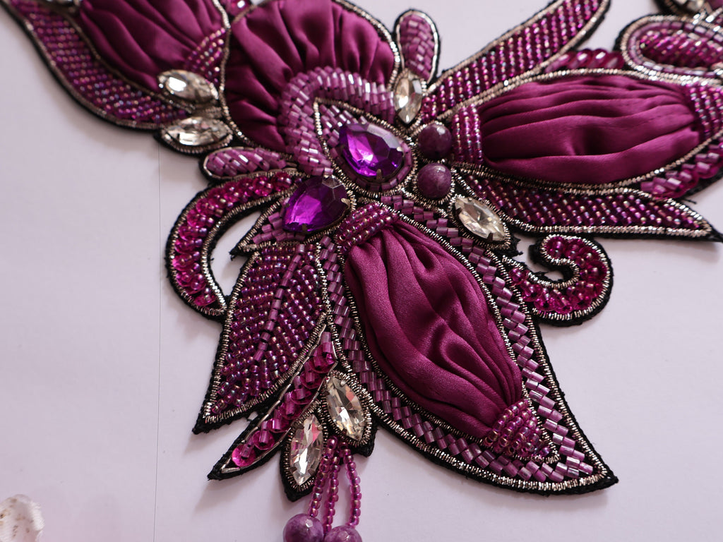 Handmade Wine Purple Beaded Applique: Crystal Embroidered Patch