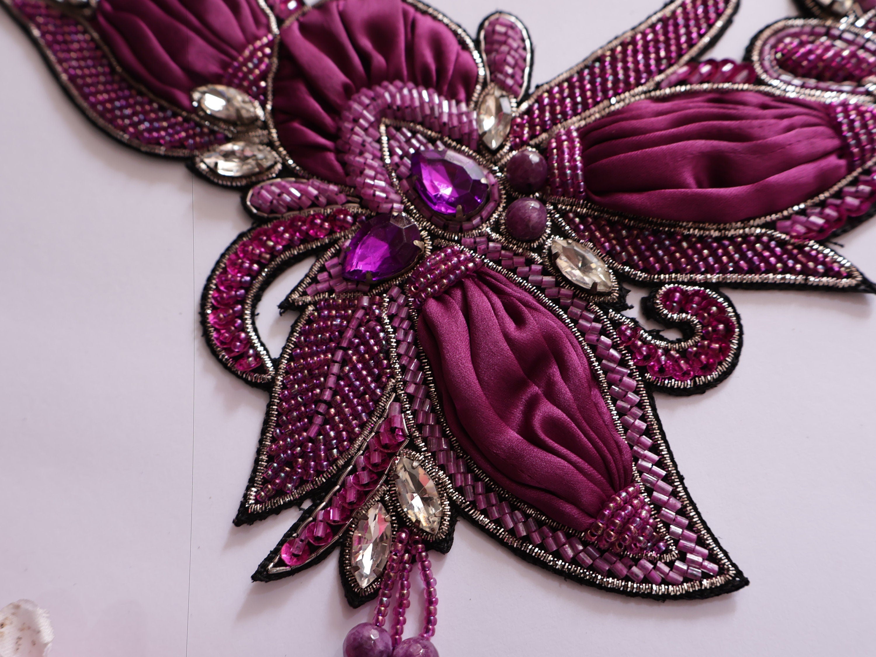 Handmade Wine Purple Beaded Applique: Crystal Embroidered Patch