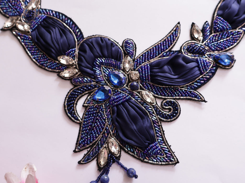 Handmade Navy Blue Beaded Applique: Crystal Embroidered Patch