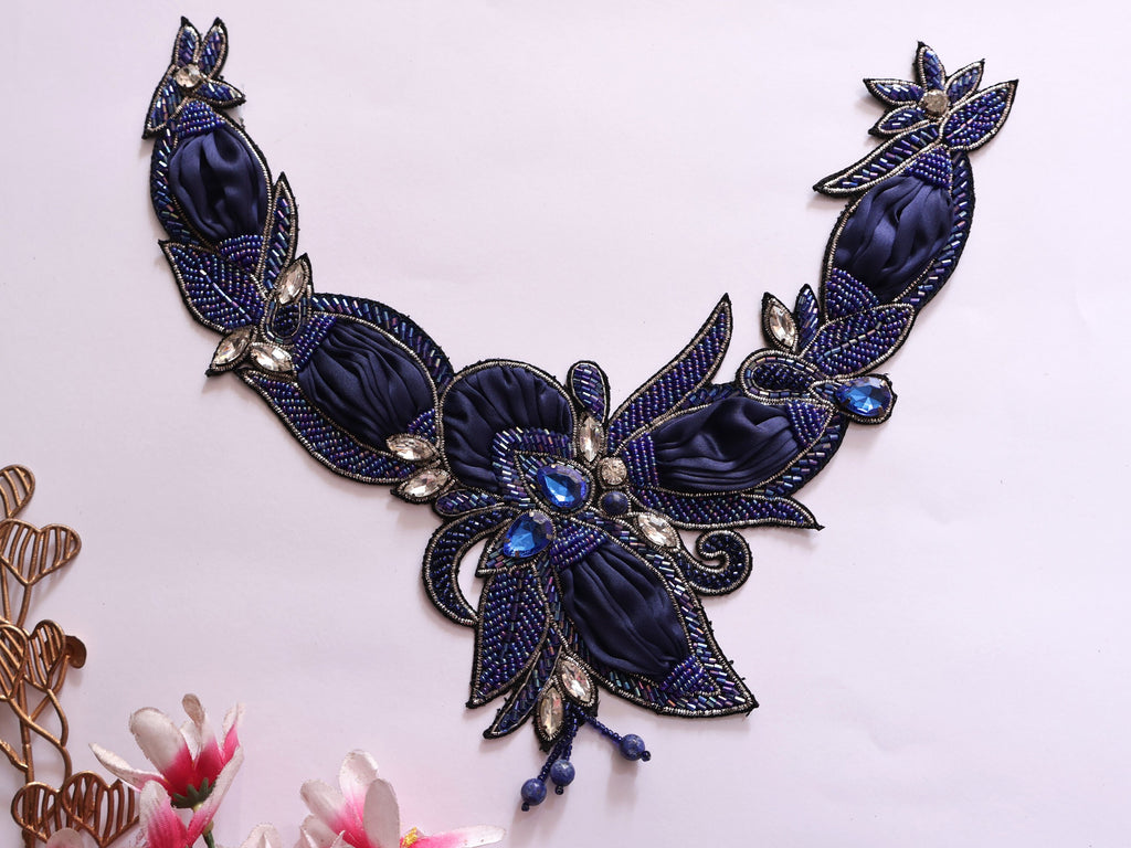 Handmade Navy Blue Beaded Applique: Crystal Embroidered Patch