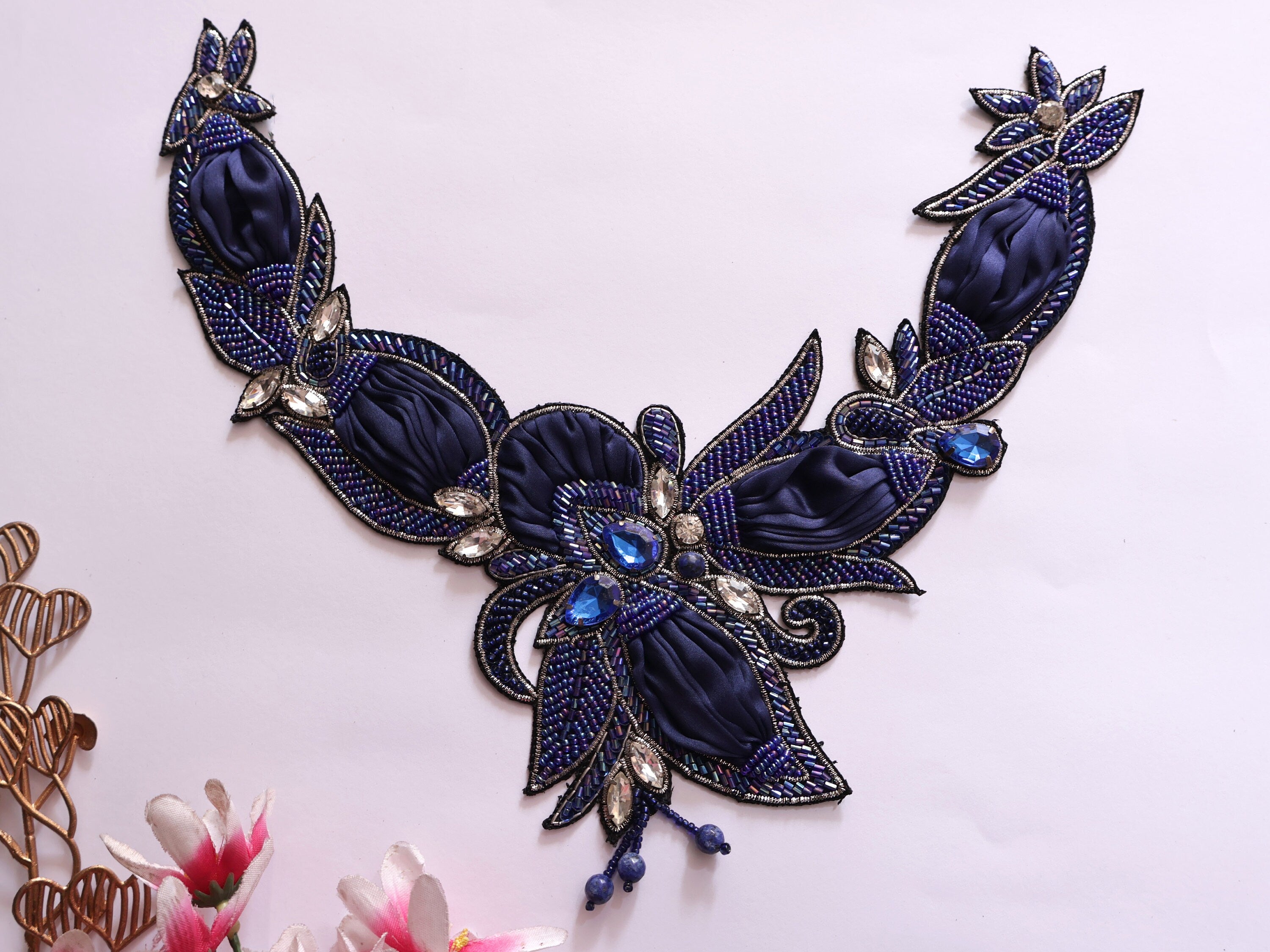 Handmade Navy Blue Beaded Applique: Crystal Embroidered Patch