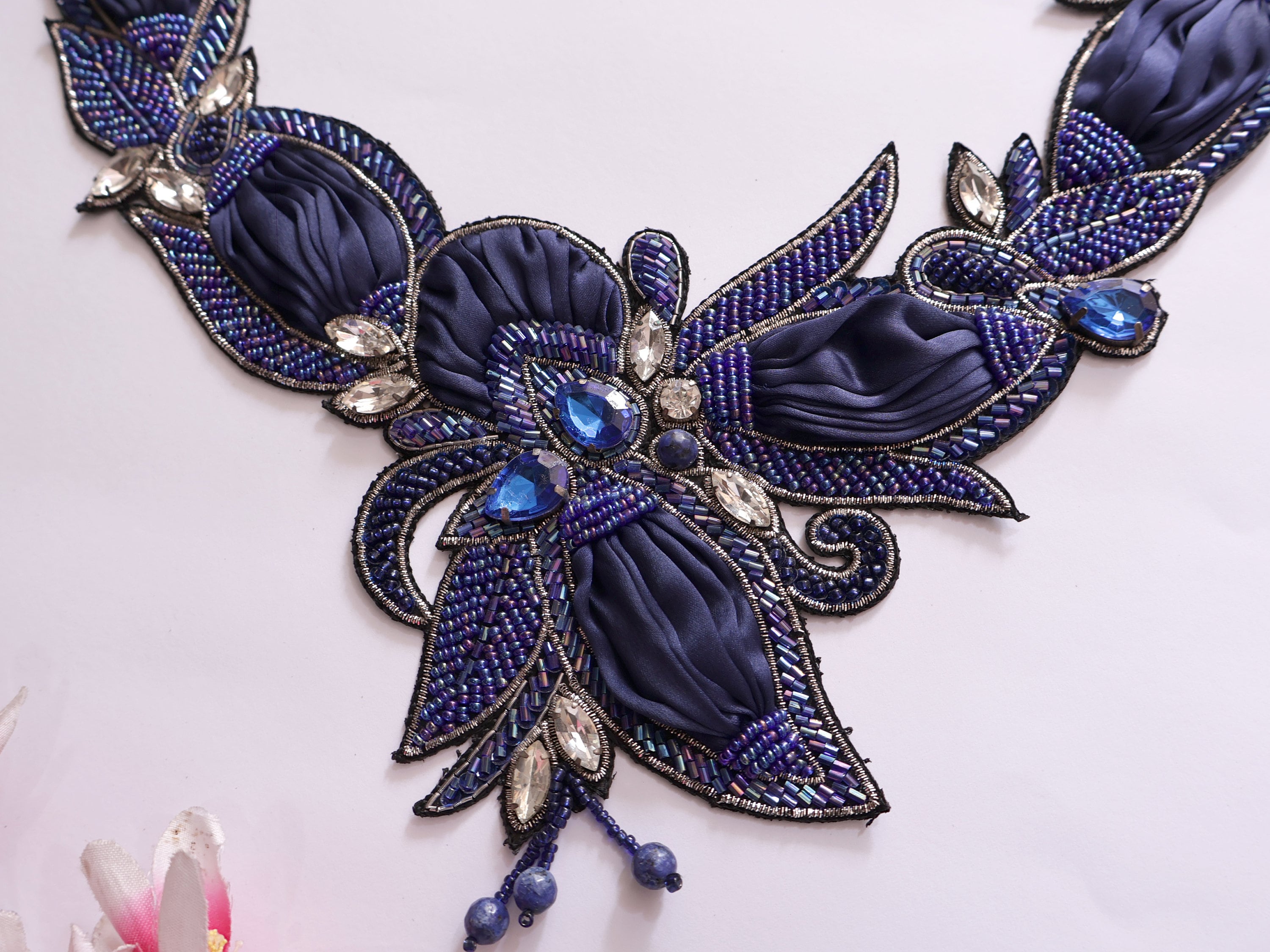 Handmade Navy Blue Beaded Applique: Crystal Embroidered Patch