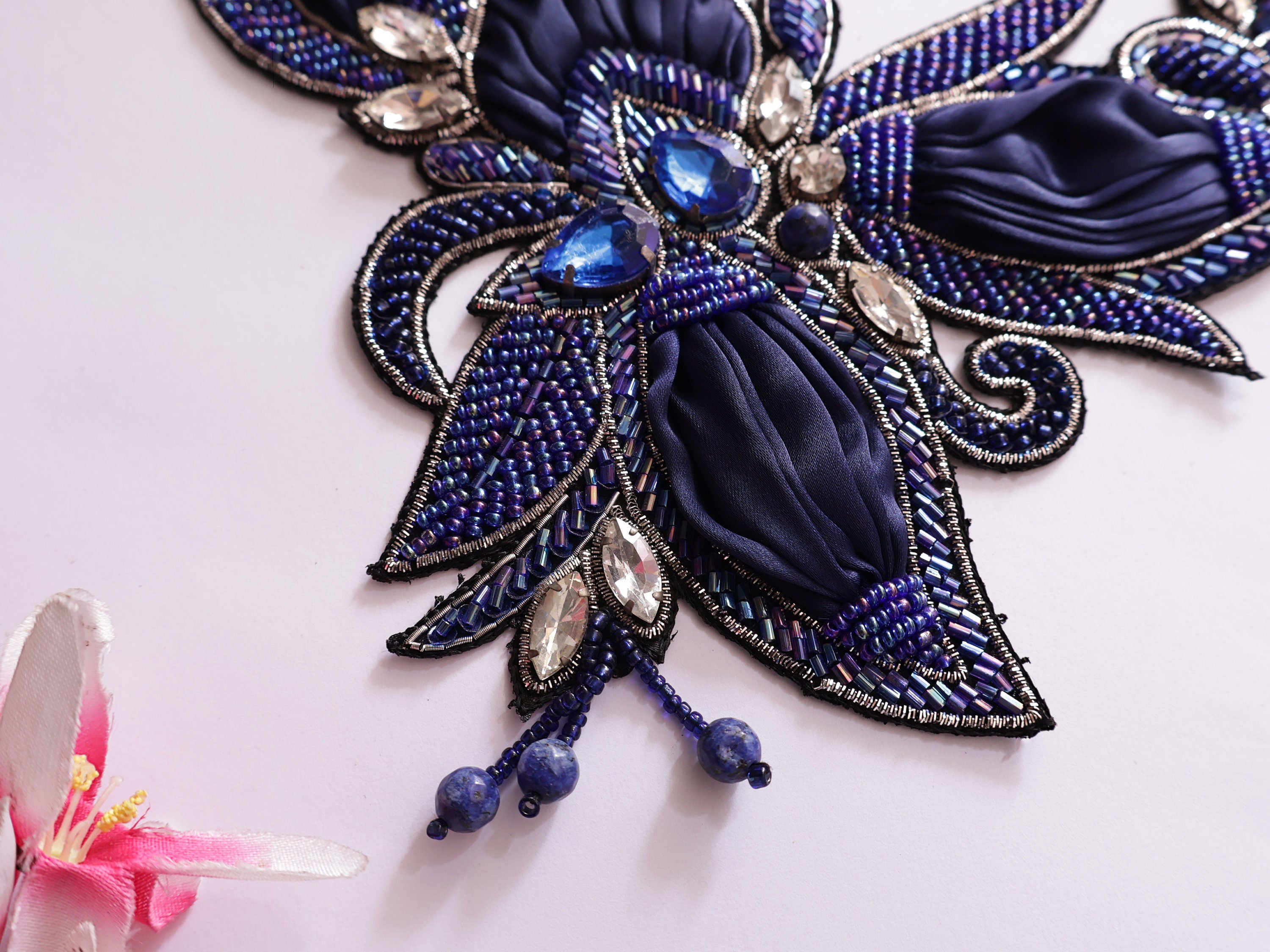 Handmade Navy Blue Beaded Applique: Crystal Embroidered Patch