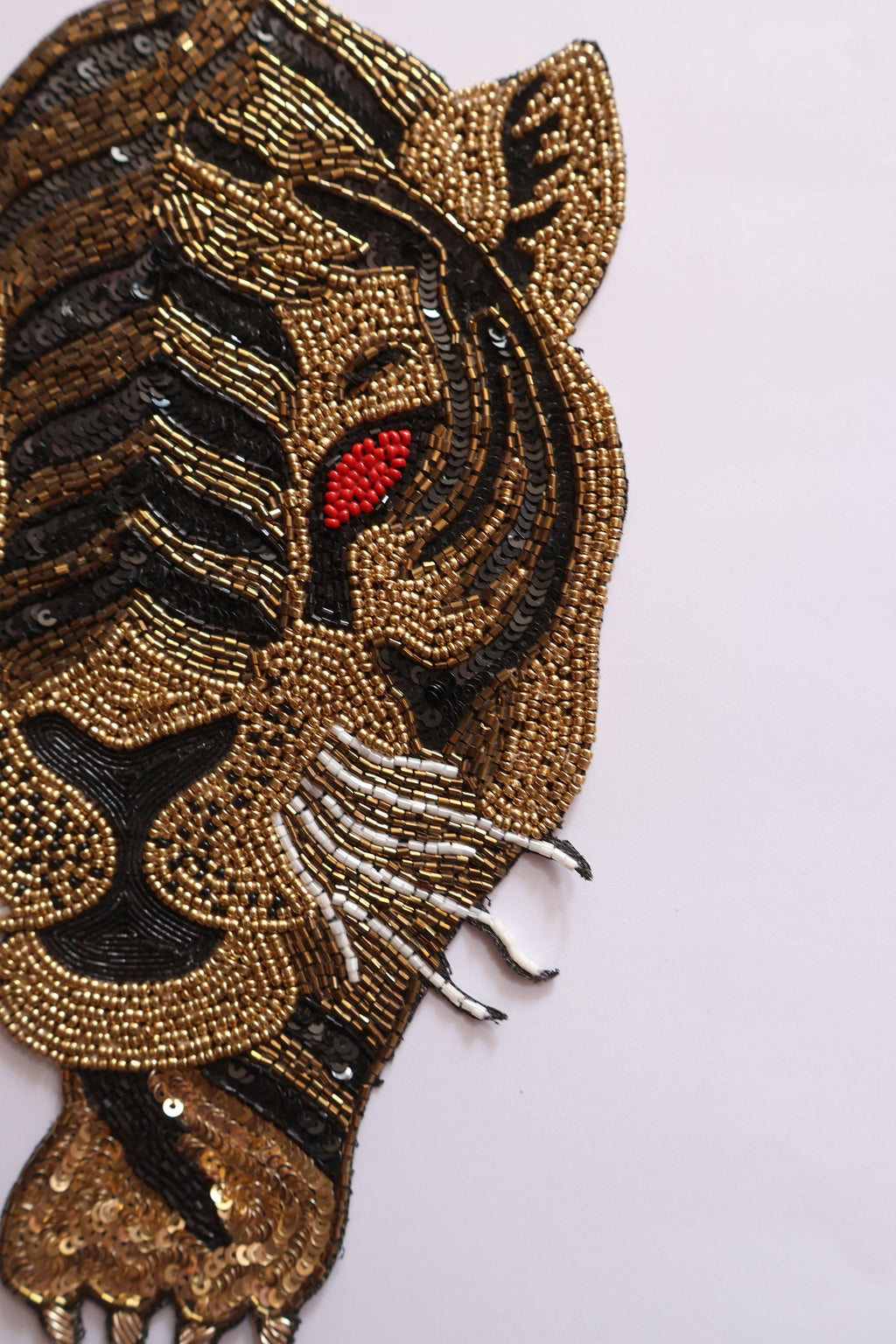 Beaded Tiger Applique Patch: Golden Black Embroidery, Sew On