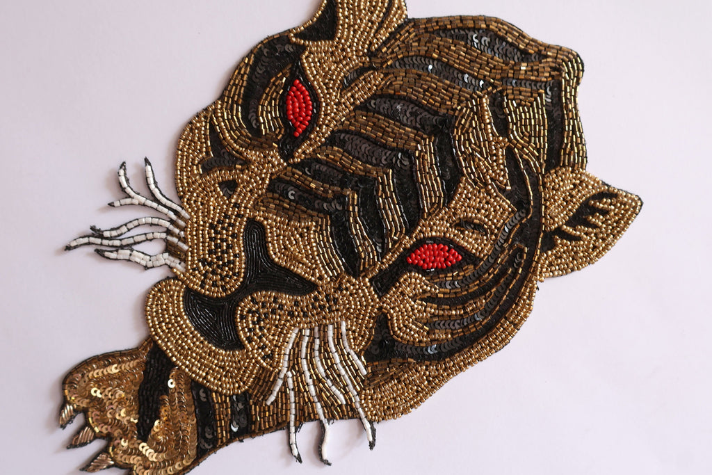 Beaded Tiger Applique Patch: Golden Black Embroidery, Sew On