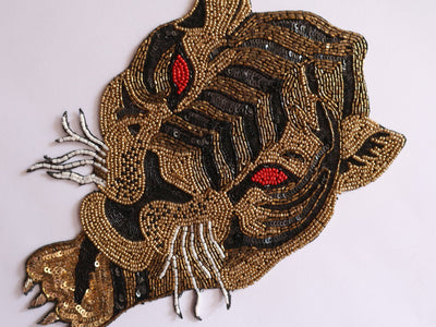 Golden Black Tiger Applique Sew on Patch, Indian Beaded Embroidery Patch Artwork - 1Pc