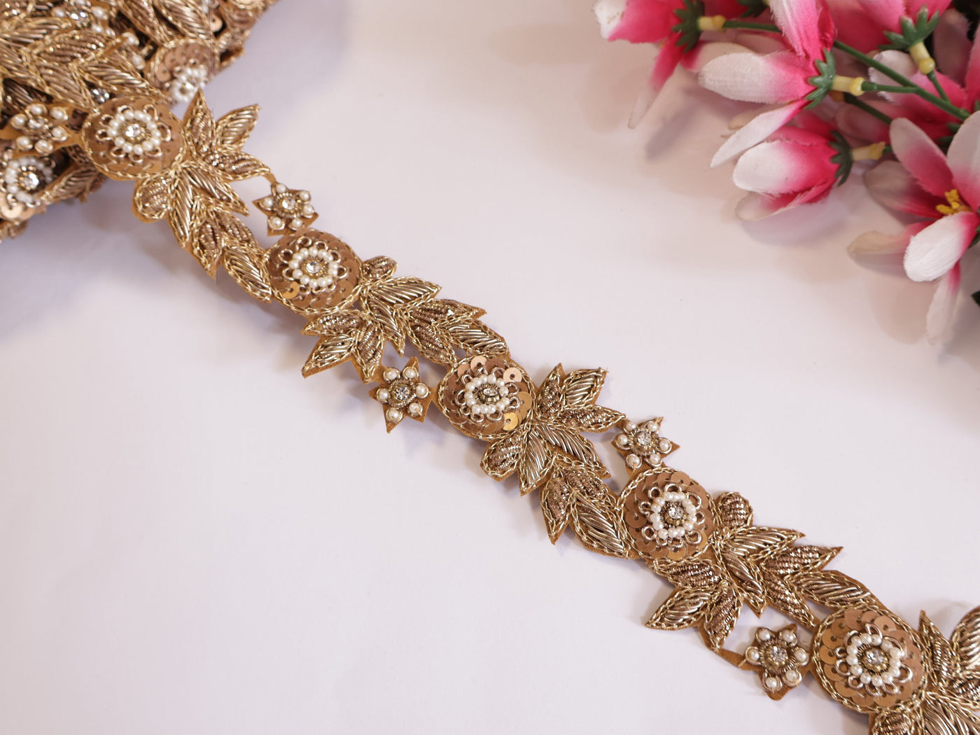 Antique Gold Intricate Trim Vine, Indian Zardozi Sequin Lace - 1 Yard