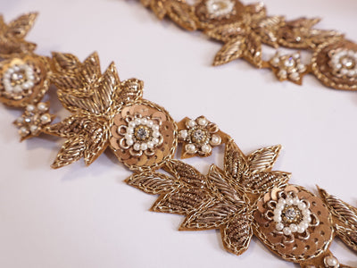 Antique Gold Intricate Trim Vine, Indian Zardozi Sequin Lace - 1 Yard