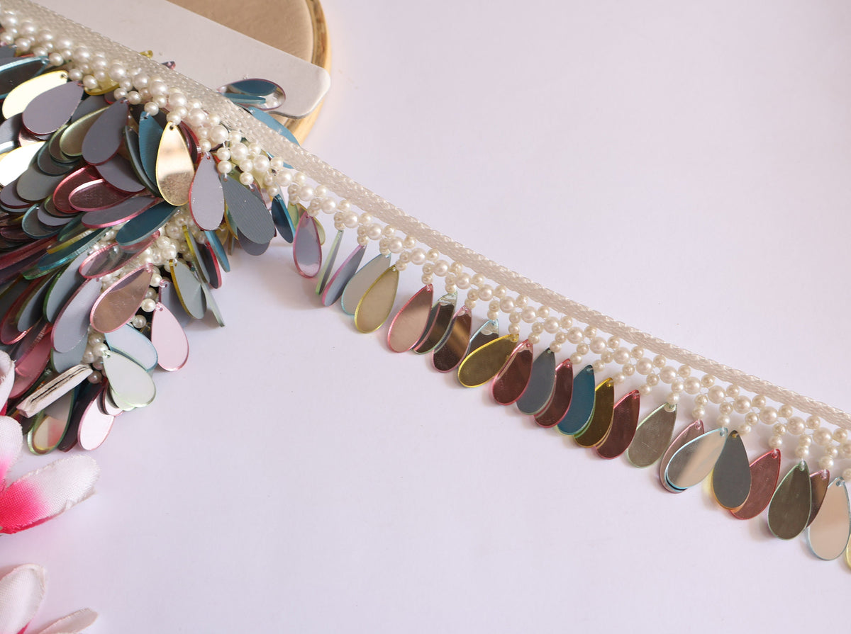 Colored Mirror Acrylic Lace Trim: Beaded Edge, 4cm Wide