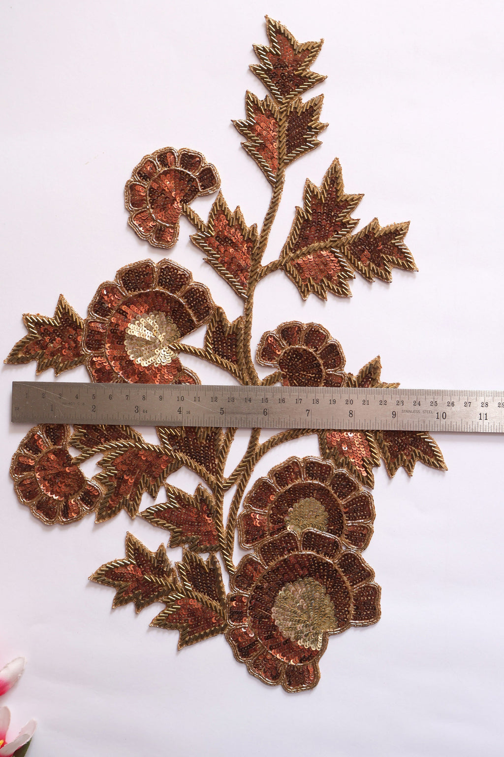 Vintage Copper Gold Applique: Floral Sequin Embroidered Patch