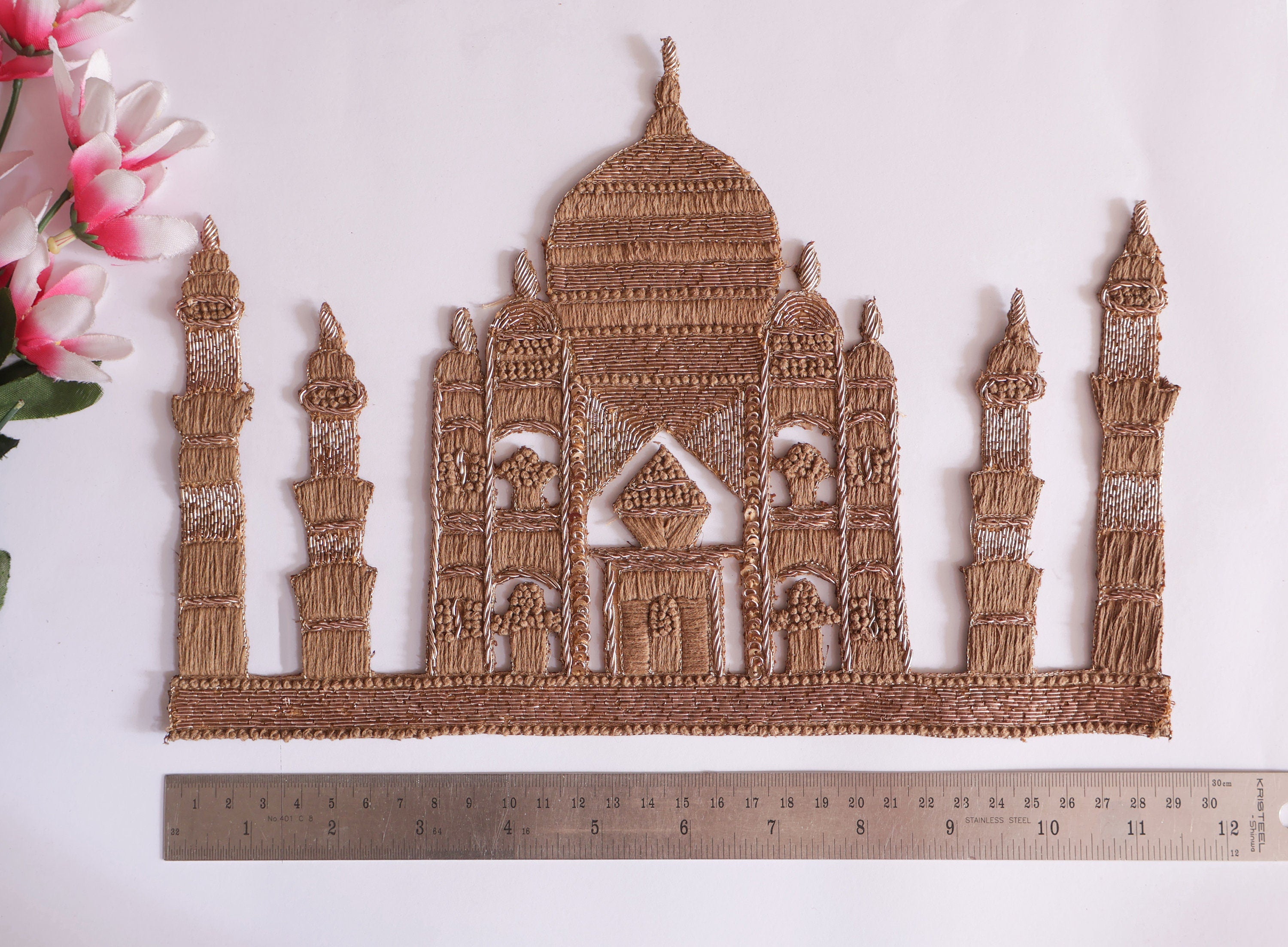 Taj Mahal Applique Patch, Embroidered Zardozi Knotwork, Handmade