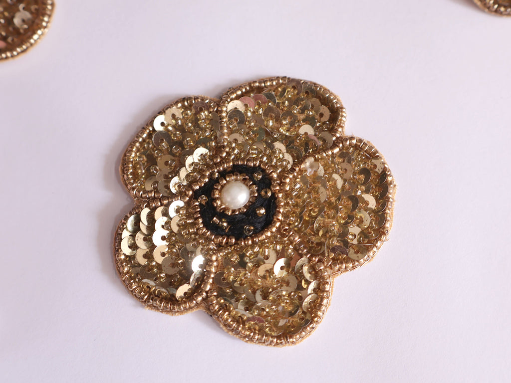 Floral Golden Sequin Applique Patches: Indian Embroidered Sew-On Embellishments (Set of 4)