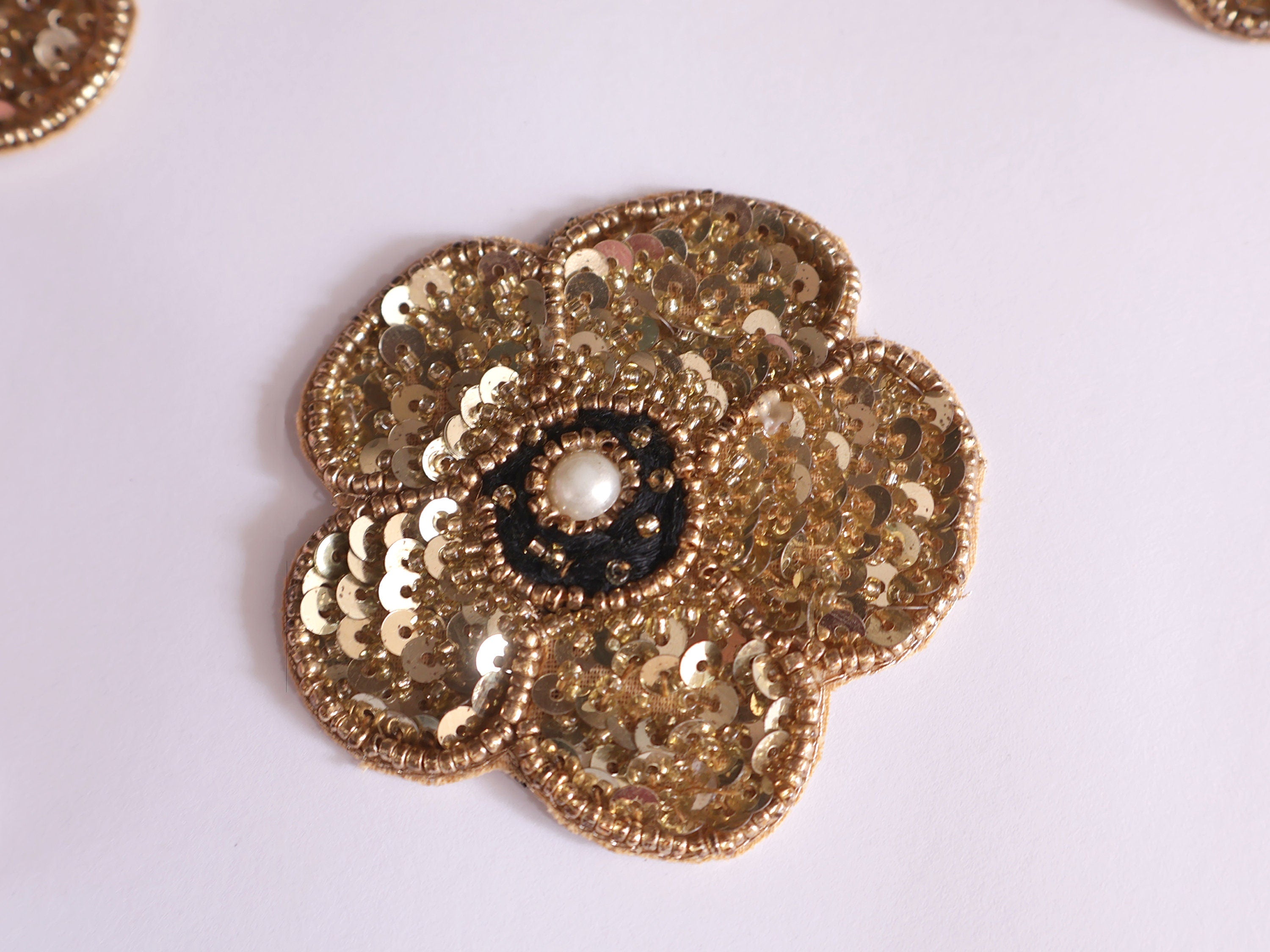 Floral Golden Sequin Applique Patches: Indian Embroidered Sew-On Embellishments (Set of 4)