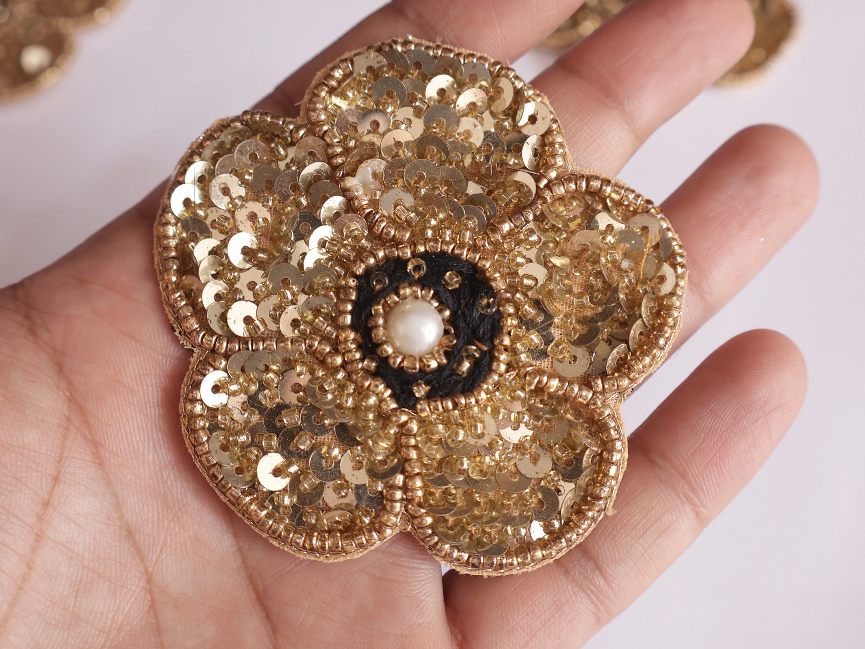 Floral Golden Sequin Applique Patches: Indian Embroidered Sew-On Embellishments (Set of 4)
