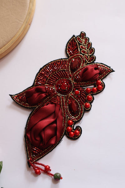 Maroon Applique Patch Beads & Pearl Embellished Indian Artwork - 1 pc
