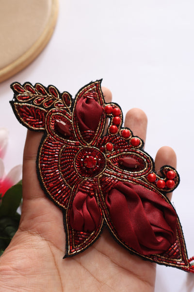 Maroon Applique Patch Beads & Pearl Embellished Indian Artwork - 1 pc
