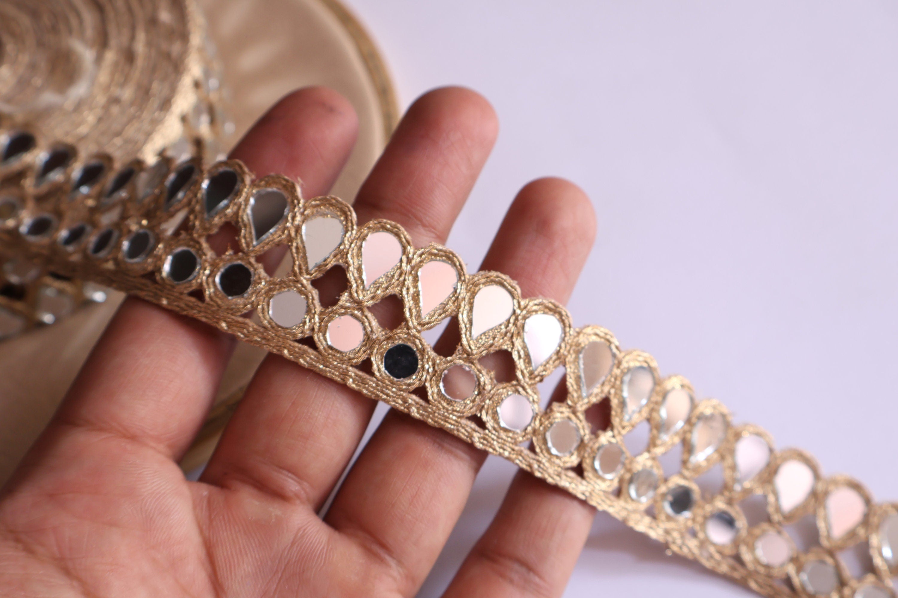 Rose Gold Mirror Sari Border Lace: Indian Cutwork Trim, 2.5cm Wide