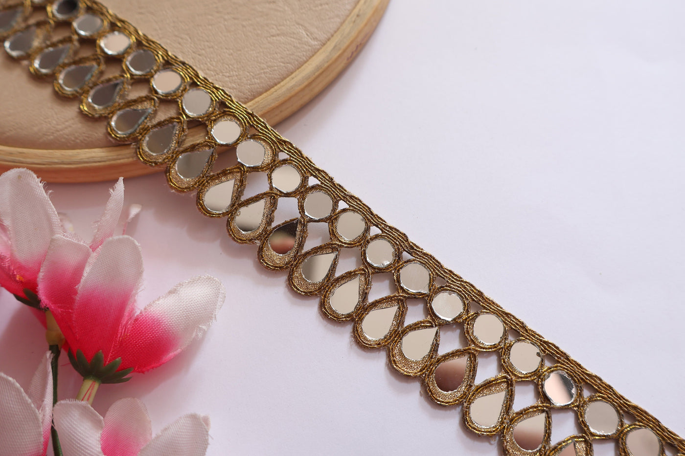 3 Yards Golden Mirror Sari Border: Indian Cutwork Lace Trim (2.5 cm)