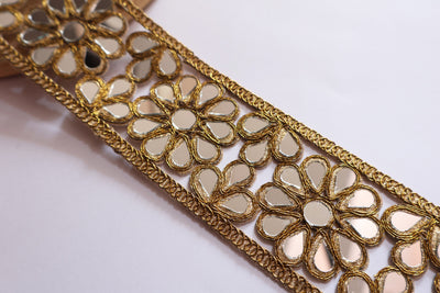 Antique Gold Floral Mirror Trim: Indian Sari Border Lace - 4.5cm