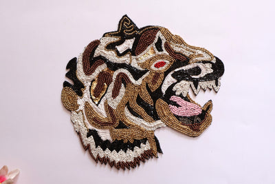 Tiger Applique Patch: Beaded Indian Embroidery, Sew-On Denim Art