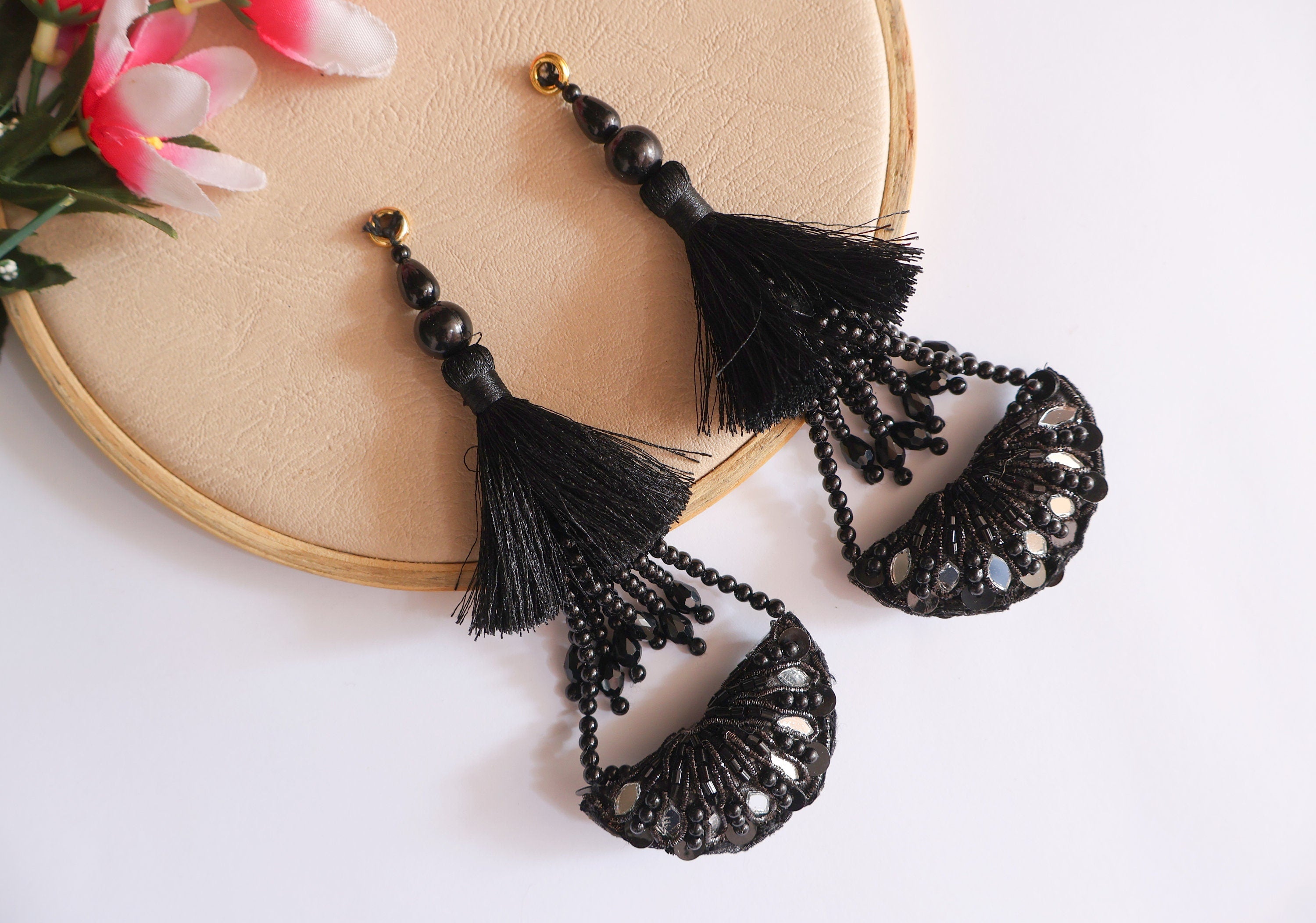 Matt Black Beaded Tassel Latkan: Indian Bridal Accessory (Pair)