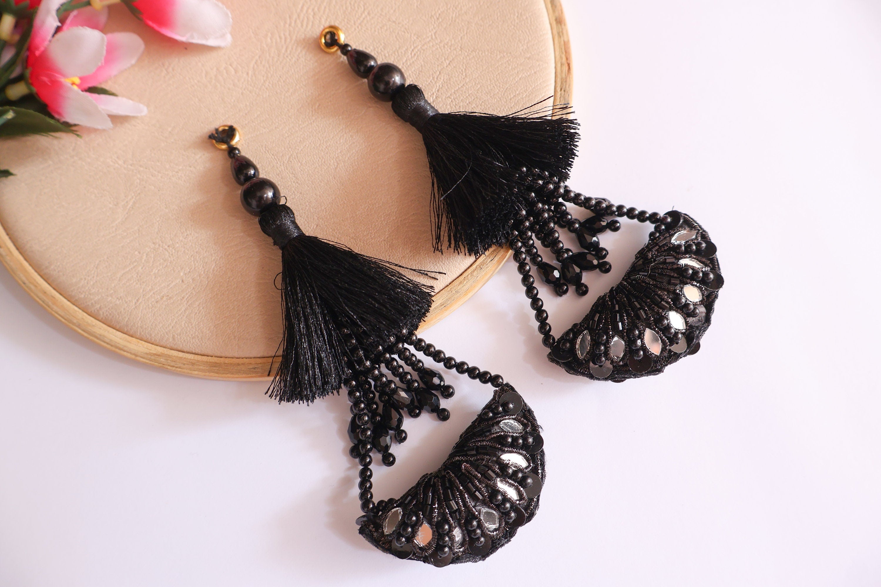 Matt Black Beaded Tassel Latkan: Indian Bridal Accessory (Pair)