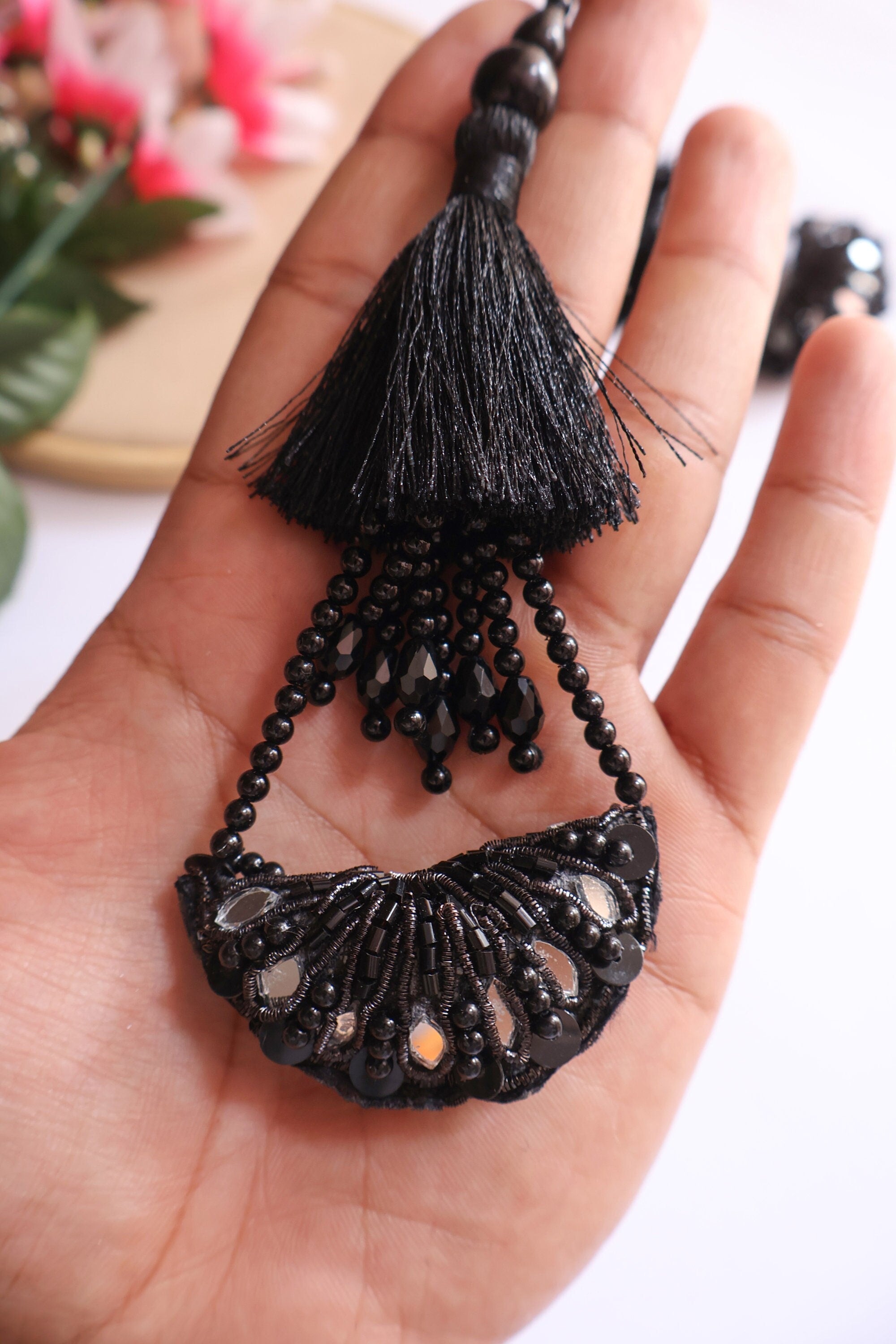 Matt Black Beaded Tassel Latkan: Indian Bridal Accessory (Pair)