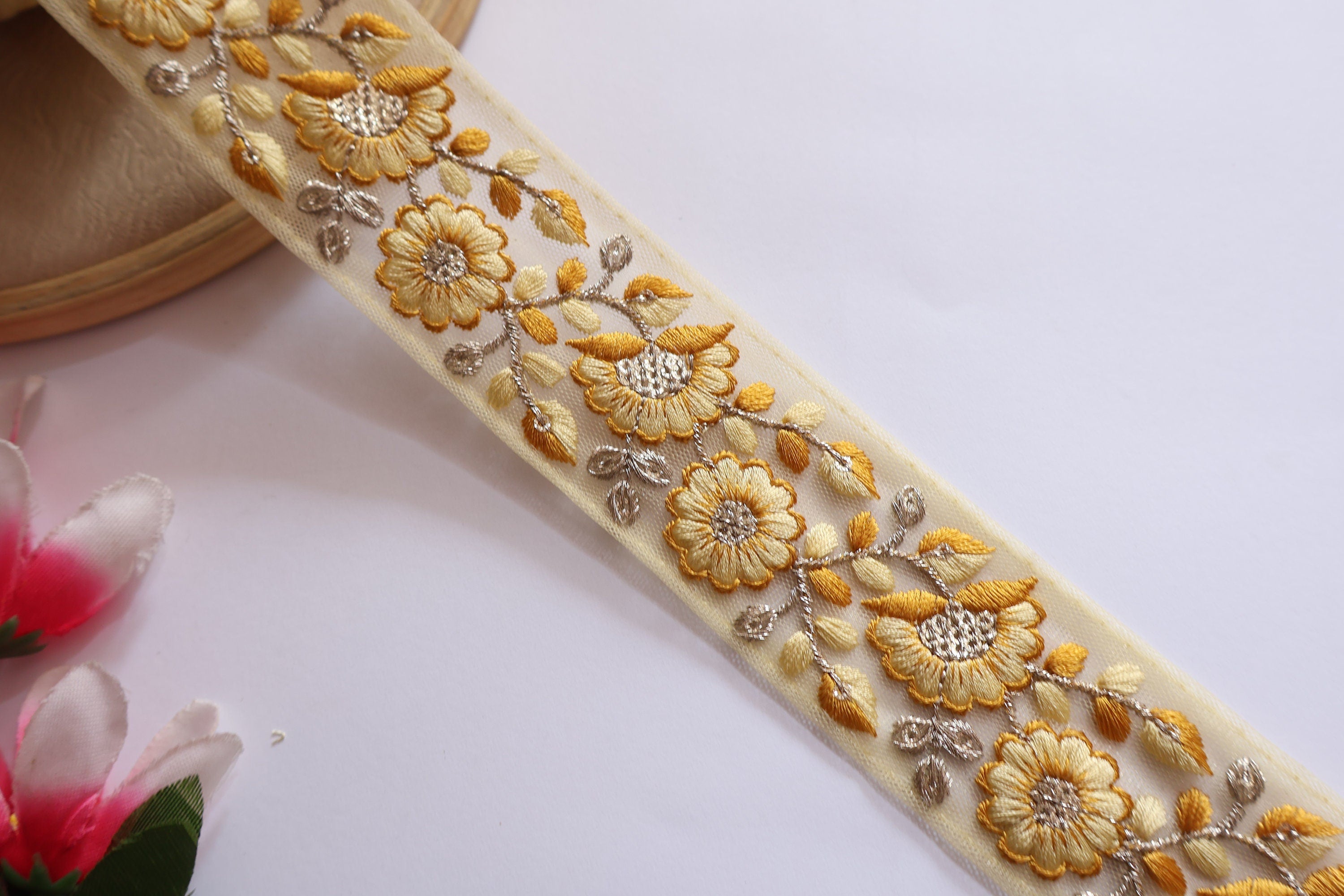 Yellow Zari Embroidered Sequin Trim: Indian Wedding Dress Embellishment, 9 Yards