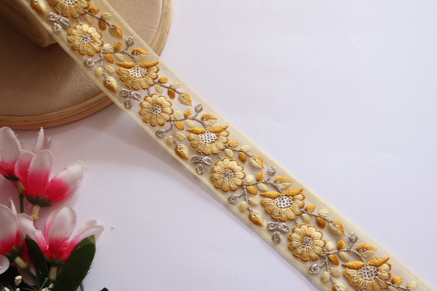 Yellow Zari Embroidered Sequin Trim: Indian Wedding Dress Embellishment, 9 Yards