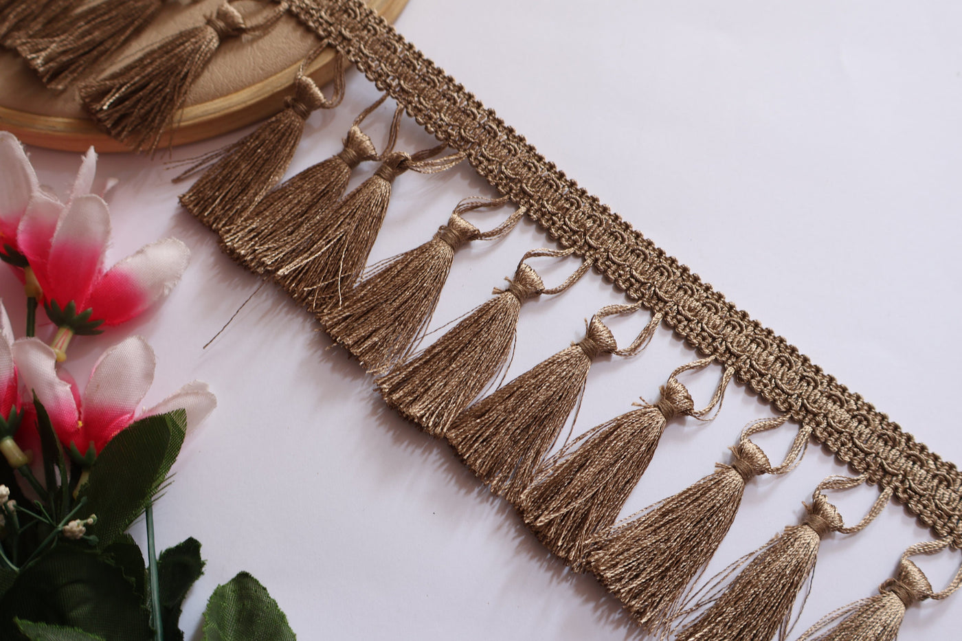 Taupe Tassel Trim: Boho Indian Embroidered Lace, 7cm