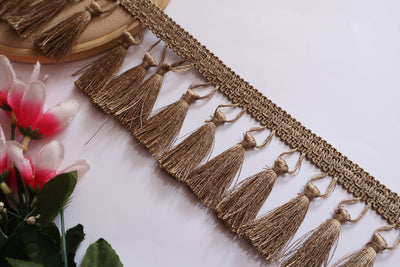 Taupe Tassel Trim: Boho Indian Embroidered Lace, 7cm