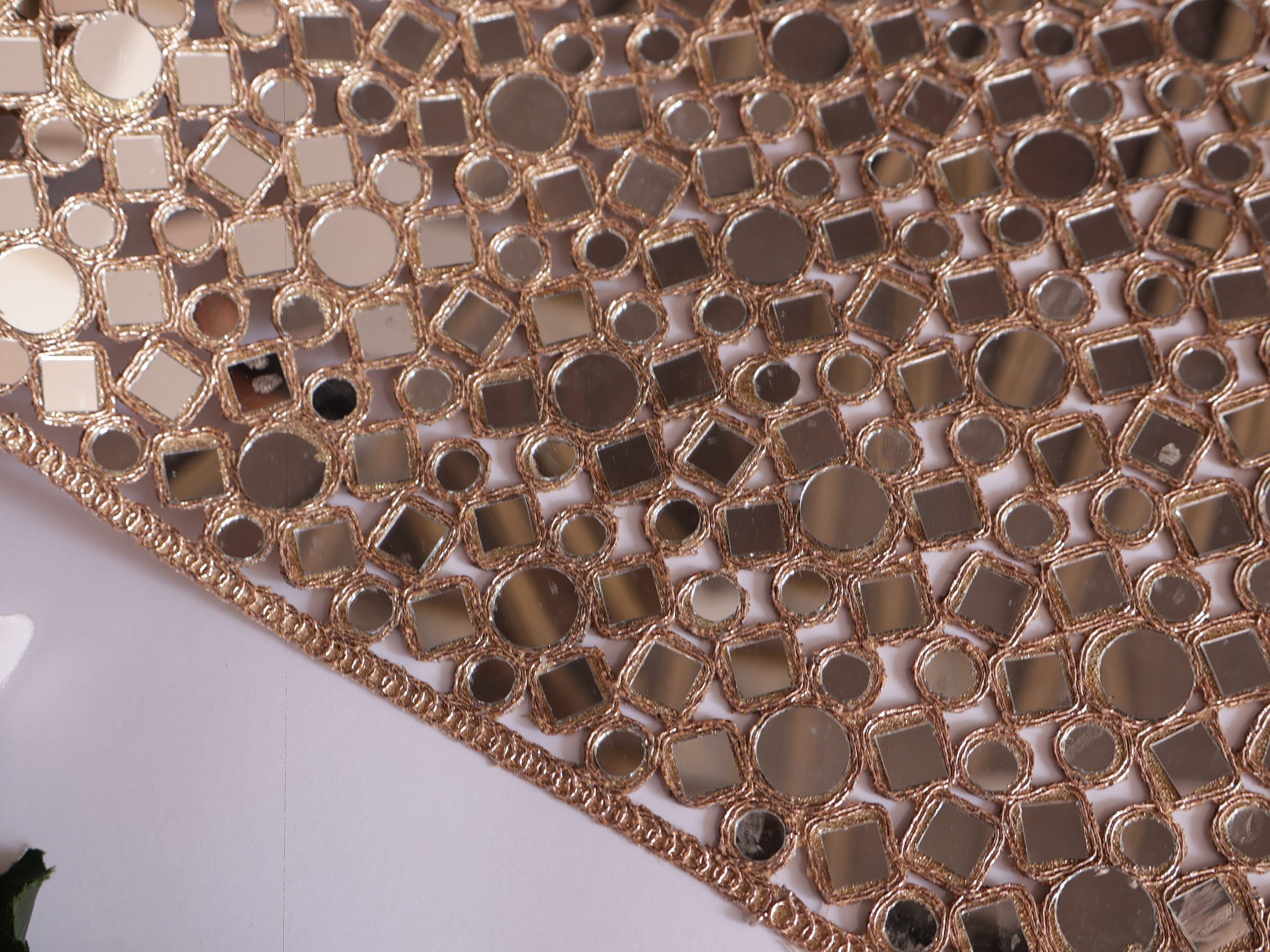 Gold Mirrorwork Lace Border: Cutwork Glass Embellishments, 20cm Wide